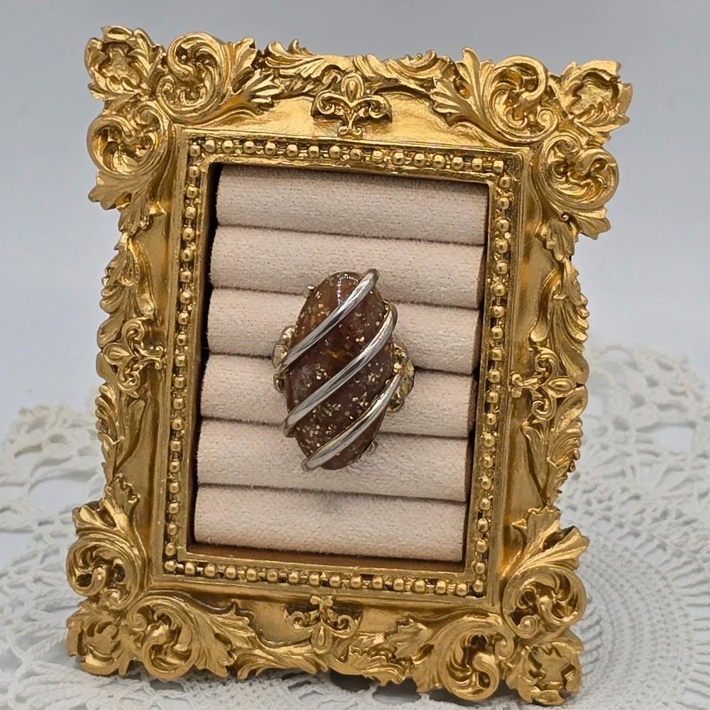 Vintage Wire Wrapped Amber Color  Abstract Statement Ring Size 4 Adjustable